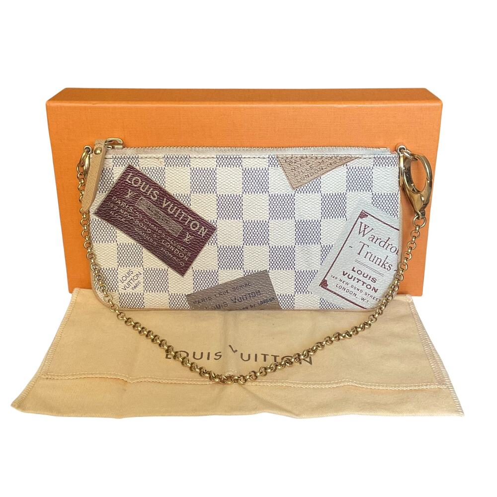 Louis Vuitton Damier Azur Trunks Labels Pochette Milla Handbag MM W/Box/Dust Bag